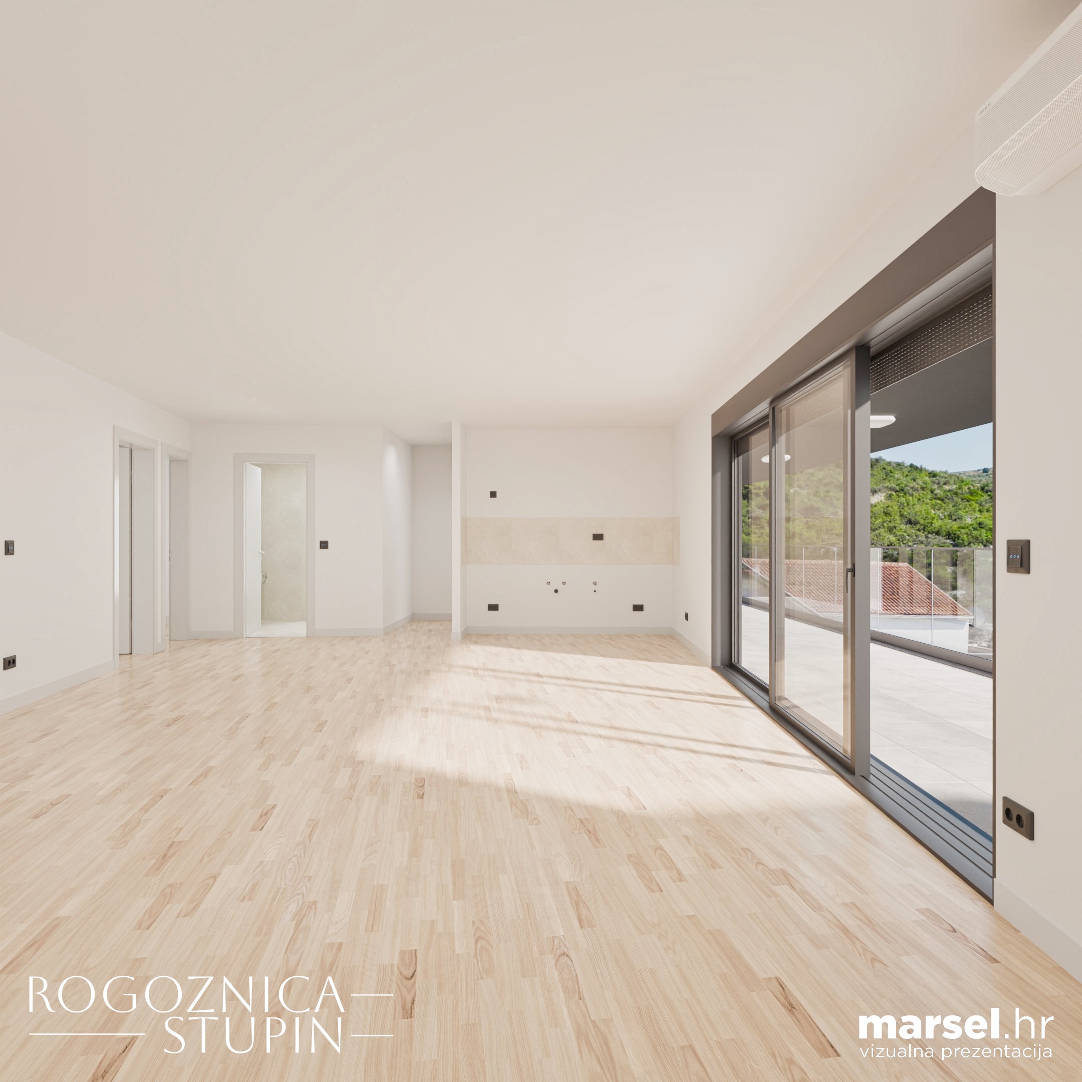 Vizualizacija interijera apartmana u novogradnji Rogoznica Stupin. Prostrani i svijetli unutarnji prostori s pogledom na more, idealni za stanovanje ili investiranje u apartman na dalmatinskoj obali.